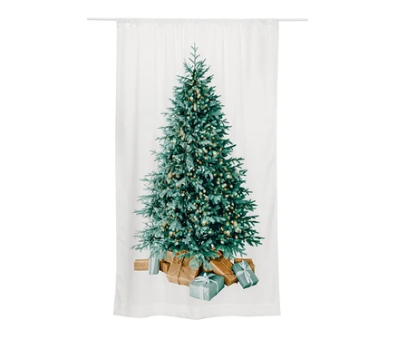 Motiv-Vorhang mit einem Weihnachtsbaum und Geschenken.