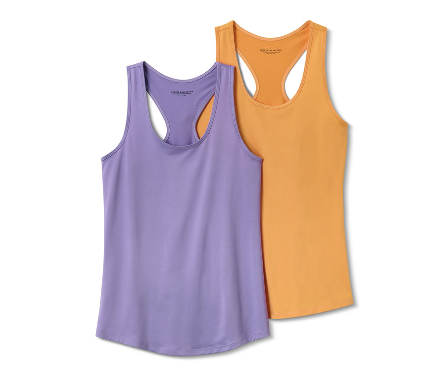 Zwei Sport-Tops, flieder und orange, liegen nebeneinander.
