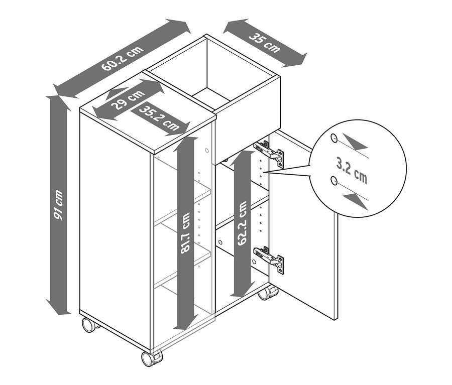 Abbildung eines Highboards auf Rollen mit Maßangaben.