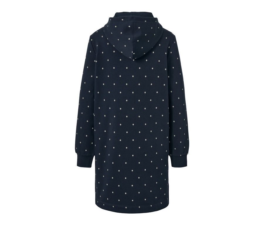 Dunkelblaues Loungewear-Kleid, Punkte von hinten mit Kapuze.
