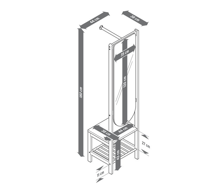 Skizze einer Garderobe mit Spiegel und Ablage mit hervorgehobenen Abmessungen.