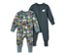 Zwei Baby-Pyjamas, einer schieferblau mit Tier- und Bauernhofmotiven, der andere einfarbig mit kleinem Schaf.