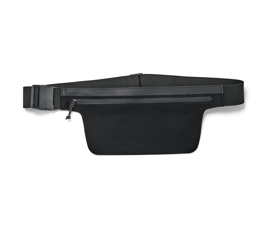 Schwarzer Laufgürtel für Smartphones mit elastischem Band und Schnalle.