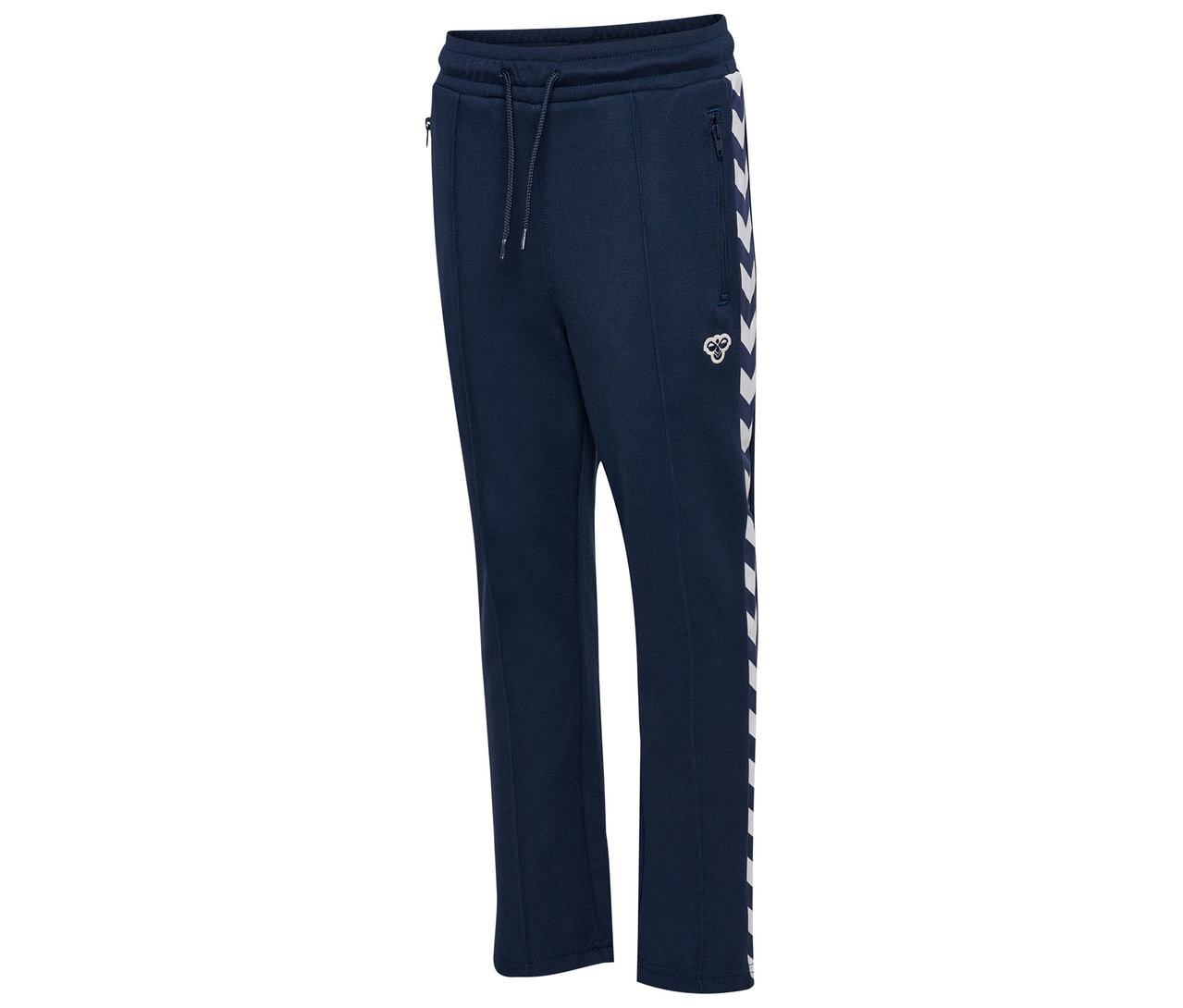 Marineblaue HUMMEL HMLJR Archive Regular Poly Pants mit weißen Chevrons an der Seite.