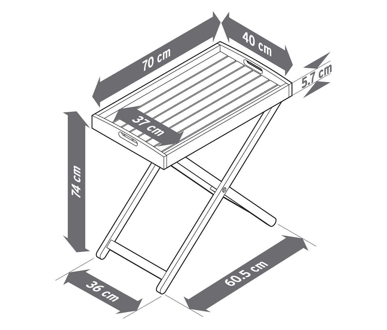 Das Diagramm zeigt die Abmessungen eines Klapptisches mit Tablett. Die Abmessungen des Tabletts sind 70 x 40 cm und die Höhe des Tisches beträgt 74 cm.