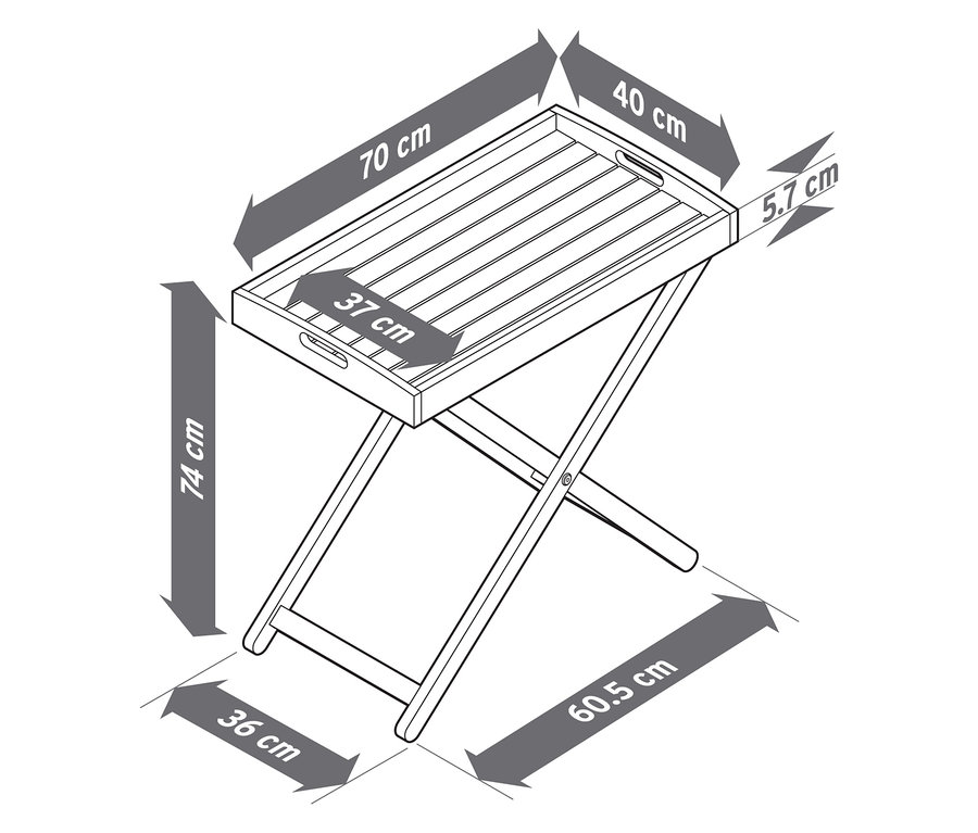 Das Diagramm zeigt die Abmessungen eines Klapptisches mit Tablett. Die Abmessungen des Tabletts sind 70 x 40 cm und die Höhe des Tisches beträgt 74 cm.