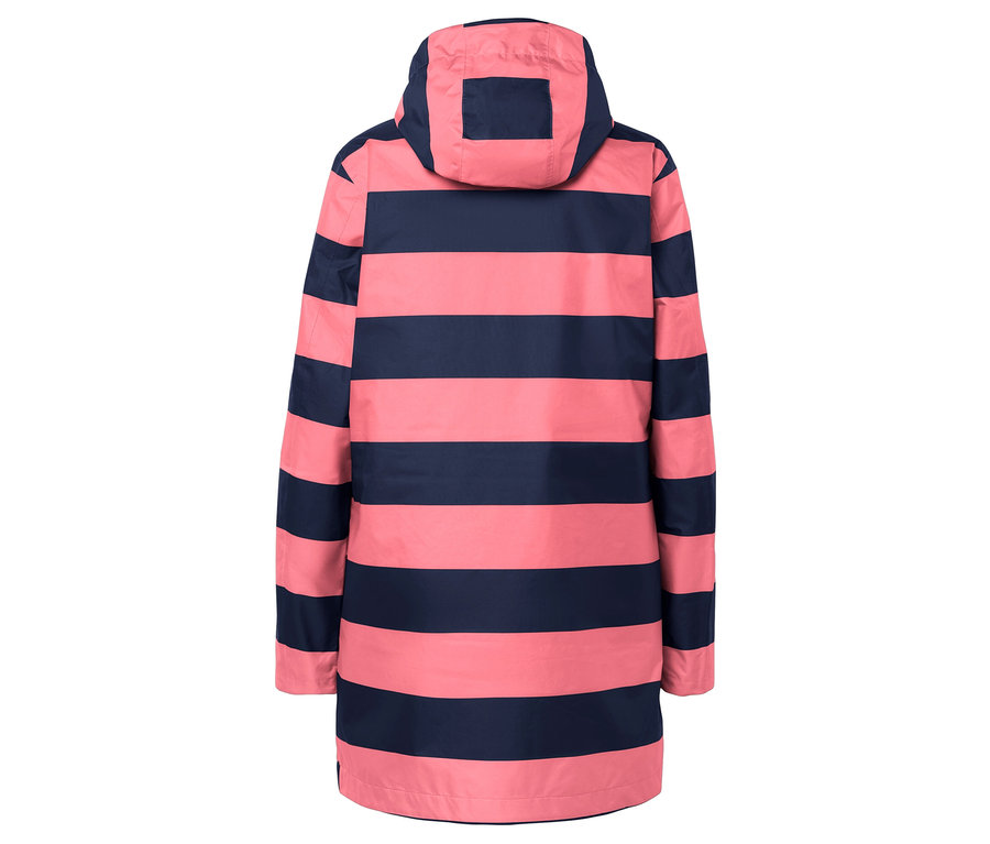Rückansicht einer gestreiften Jacke mit Kapuze in Rosa und Dunkelblau.