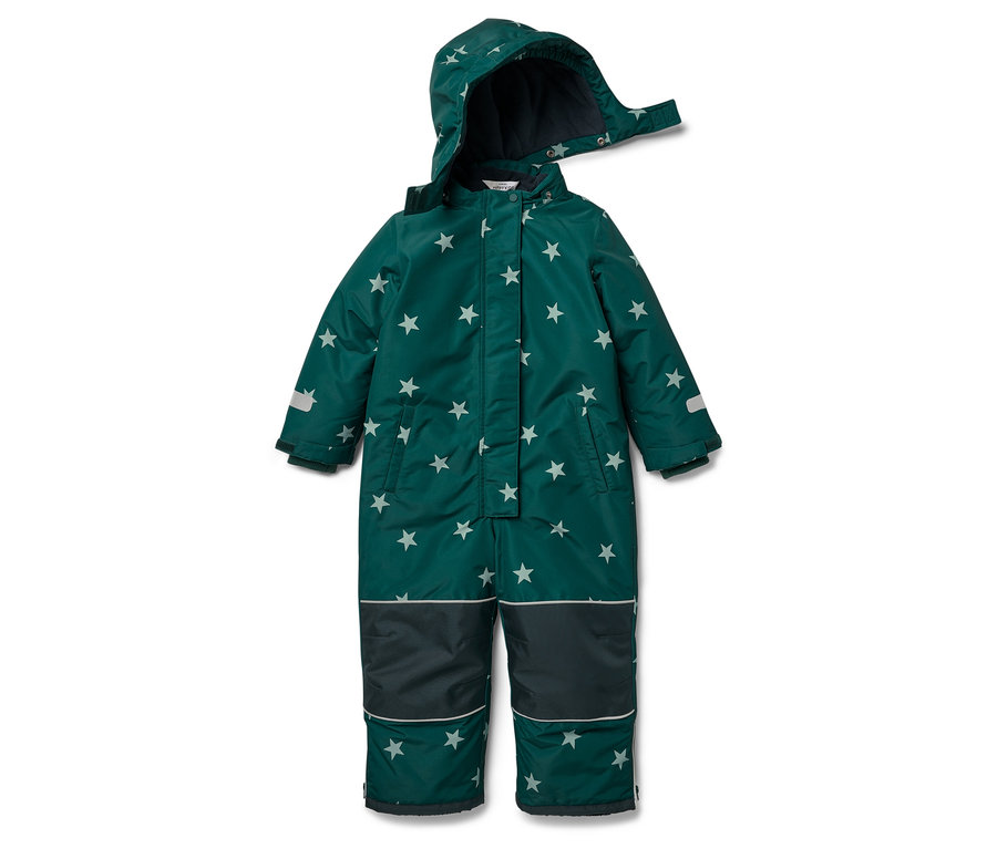 Ein dunkelgrüner Schneeanzug mit weißen Sternen und Kapuze.