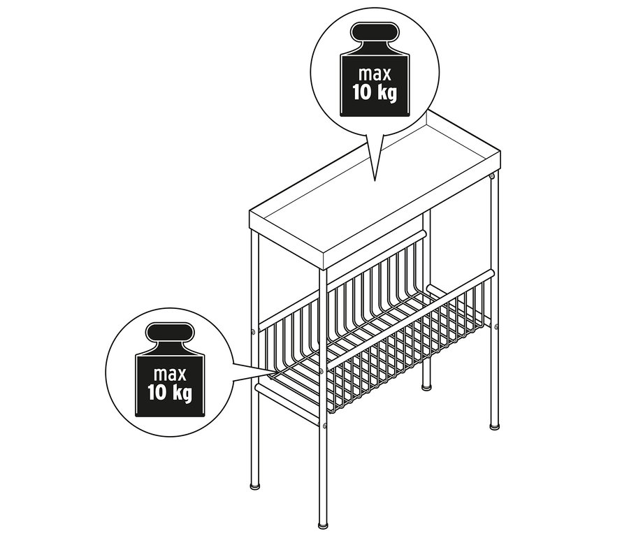 Illustration einer schmalen Konsole mit Ablageflächen, maximale Traglast 10 kg.