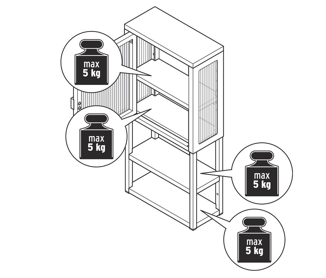 Wandschrank mit Glastür mit offenem Oberteil und 5 kg Limit pro Regalboden.