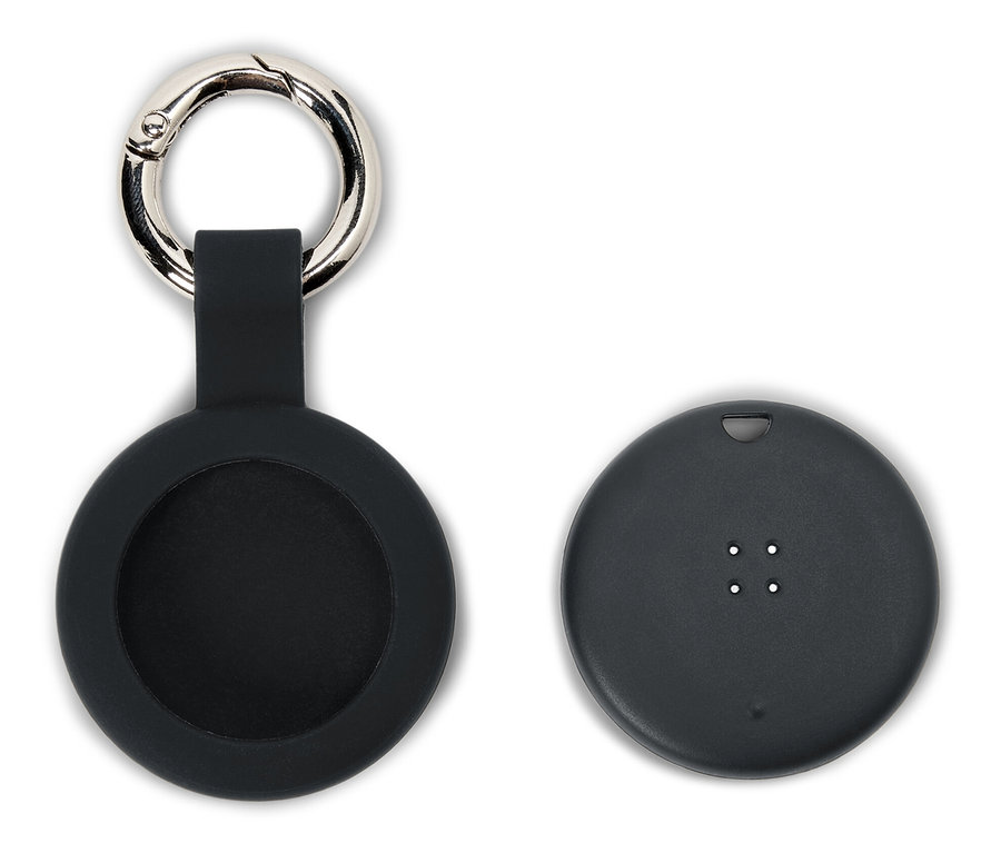 Schwarze Silikonhülle mit Karabiner und ein schwarzes Gerät auf weißem Hintergrund.