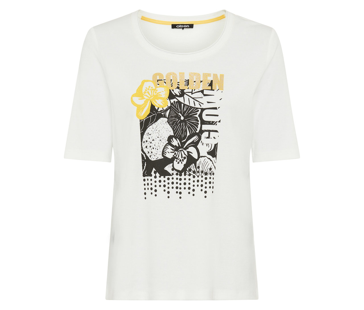 Weißes Olsen 1/2-Shirt mit gelbem Kragen und schwarzem, weißem und gelbem Blumen- und Fruchtmuster sowie "GOLDEN SUMMER"-Schriftzug.