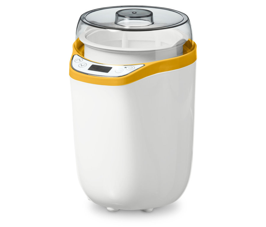 Weißer Joghurtbereiter mit gelbem Rand und transparentem Deckel.