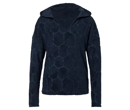 Dunkelblauer Kapuzenpullover mit Muschelmuster.