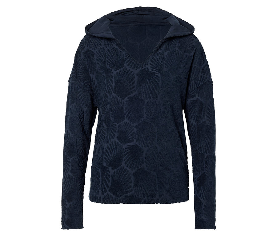 Dunkelblauer Kapuzenpullover mit Muschelmuster.