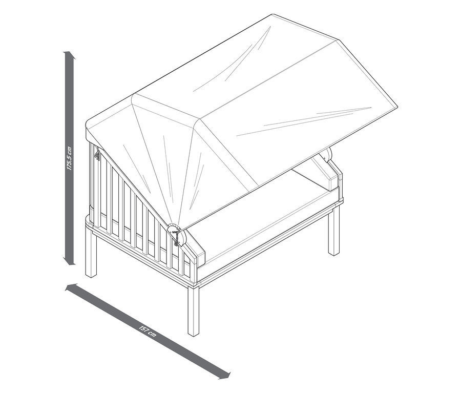 Skizze eines Premium Lounge-Strandkorbs mit Sonnenschutz-Dach, Maße 175,5 cm hoch und 157 cm breit.