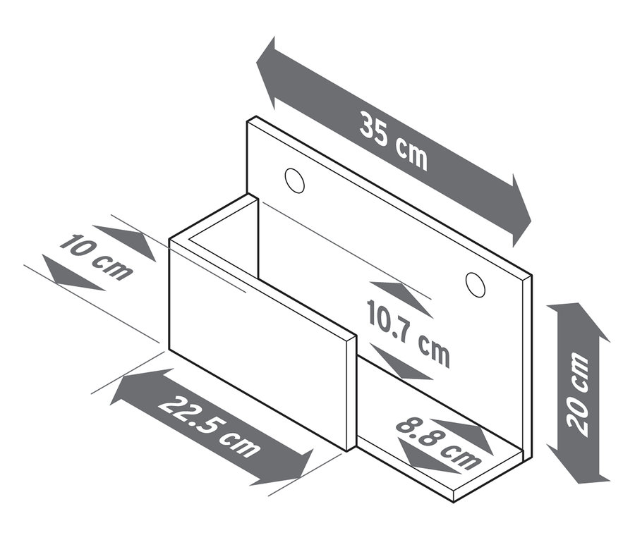 Abbildung eines einzelnen Regalträgers aus dem 3er-Regal-Set aus Massivholz mit Maßangaben.