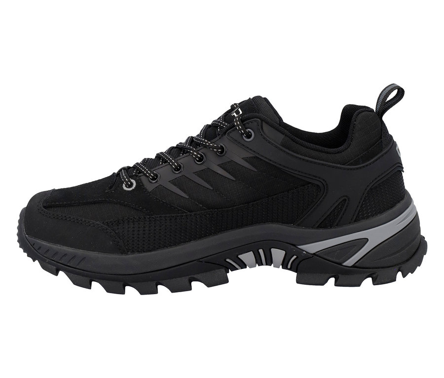 Schwarzer Wanderschuh mit Schnürsenkeln und grauen Akzenten.