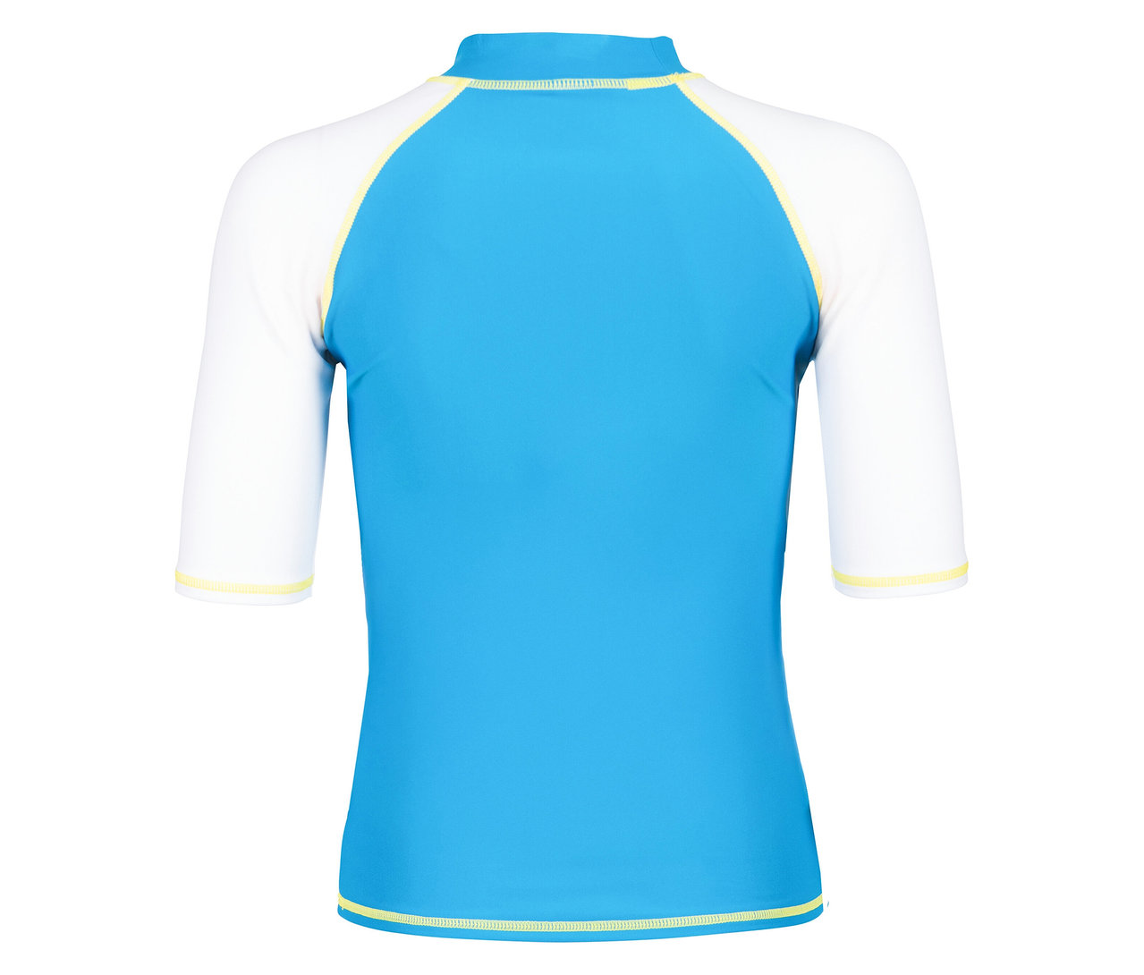 Hellblaues Rashguard-Shirt mit weißen Ärmeln und gelben Nähten.