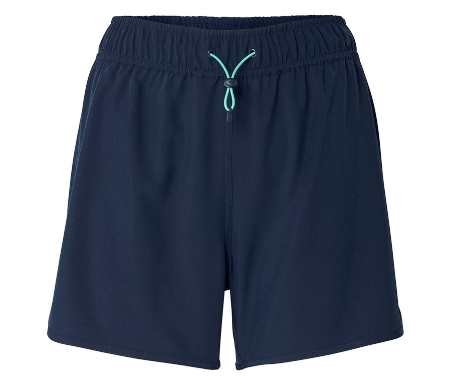 Marineblaue Shorts mit elastischem Bund und türkisfarbenem Kordelzug.