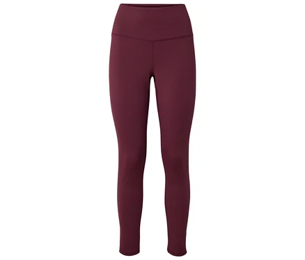 Burgunderfarbene Leggings mit hoher Taille vor einem weißen Hintergrund.