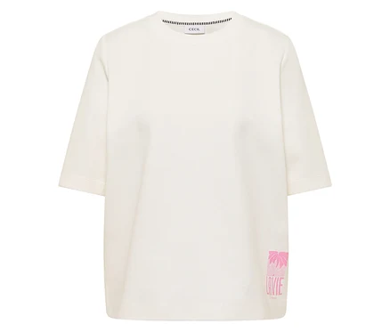 CECIL Sweatshirt in Creme mit kurzen Ärmeln und pinkem Palmen-LAVIE-Print am Saum.