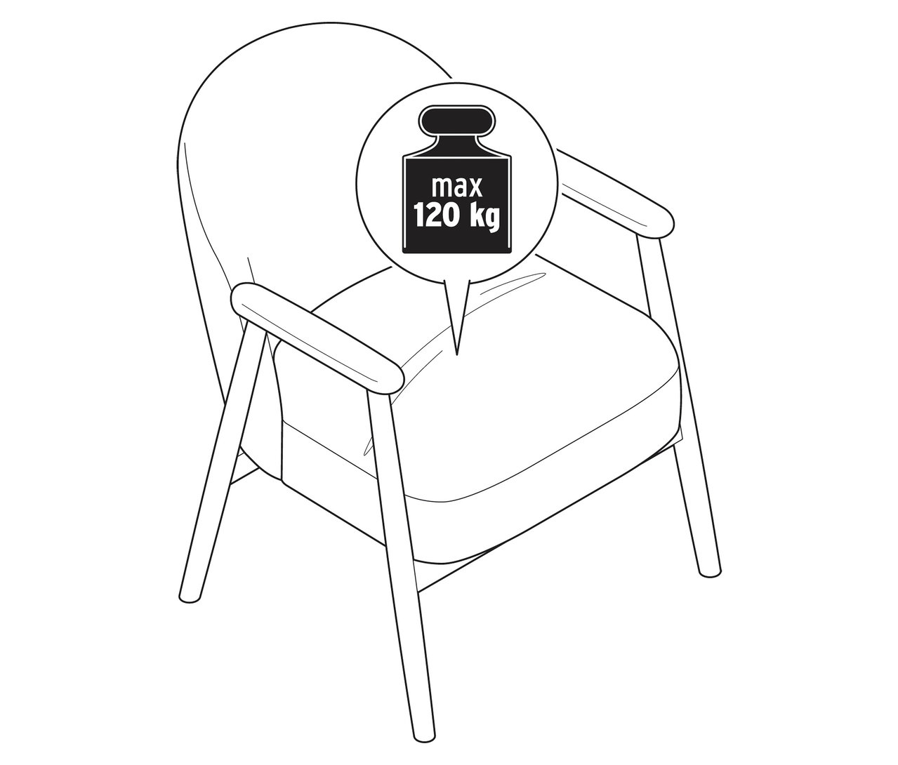 Umrisszeichnung eines Sessels mit Armlehnen und Holzgestell, mit Gewichtsangabe max. 120 kg.