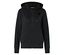 Schwarzer Kapuzenpullover mit Reißverschluss und Herz auf der Brust.