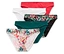 Fünf Baumwollslips in Rot, Weiß, mit Blumenmuster, Dunkelgrün und mit bunten Blättern liegen übereinander.