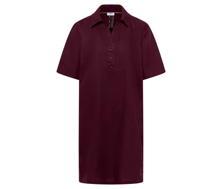 Burgunderfarbenes Hemdkleid mit Kragen, V-Ausschnitt und Knopfleiste.