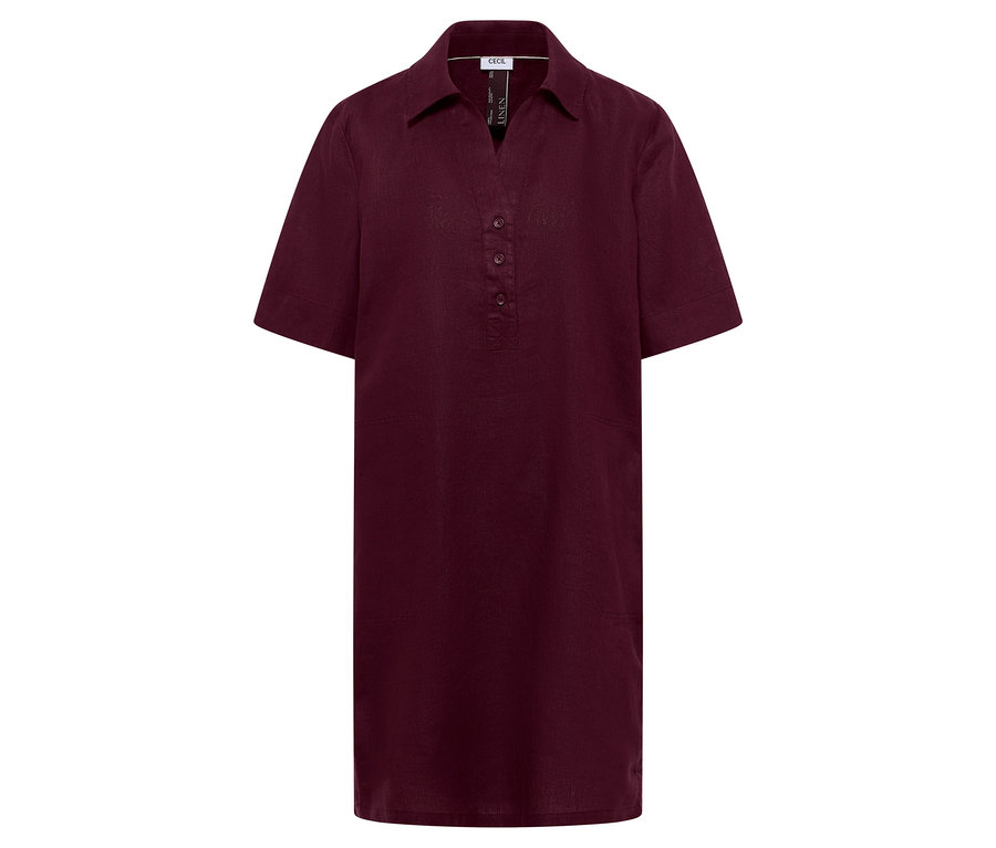 Burgunderfarbenes Hemdkleid mit Kragen, V-Ausschnitt und Knopfleiste.