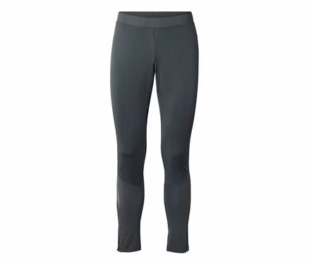 Dunkelgraue Sportleggings mit breitem Bund, reflektierenden Punkten am linken Unterschenkel und Reißverschlüssen an den Knöcheln.
