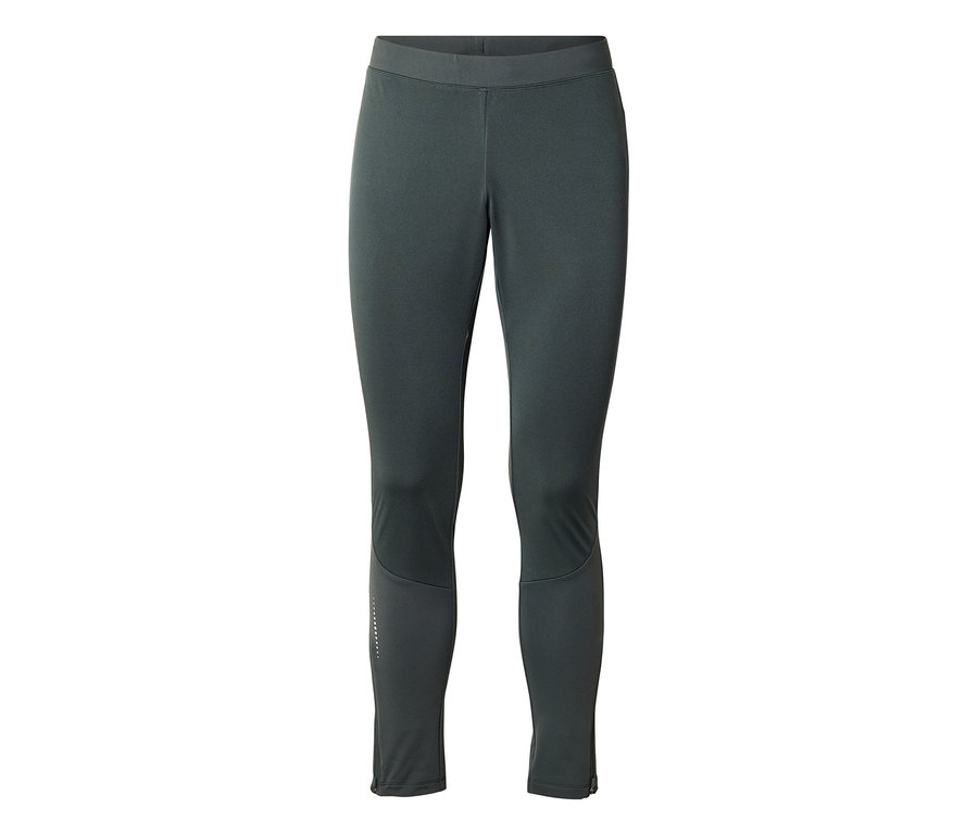 Dunkelgraue Sportleggings mit breitem Bund, reflektierenden Punkten am linken Unterschenkel und Reißverschlüssen an den Knöcheln.