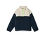 Zweifarbiger Fleece-Pullover in Creme und Dunkelblau mit neongrünem Reißverschluss und Bauchtasche.