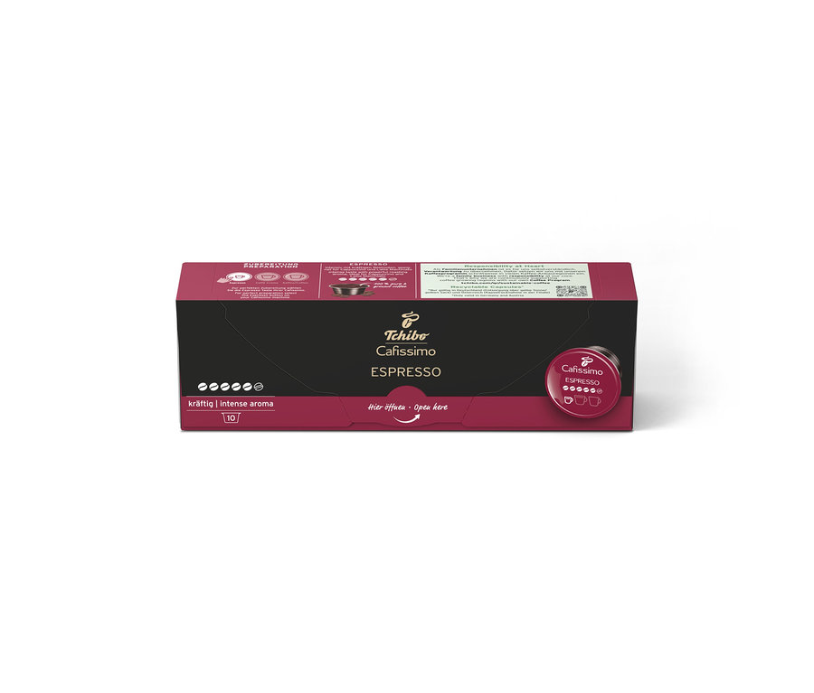 Eine dunkelgraue und rote Packung Cafissimo Espresso kräftig mit 10 Kapseln.