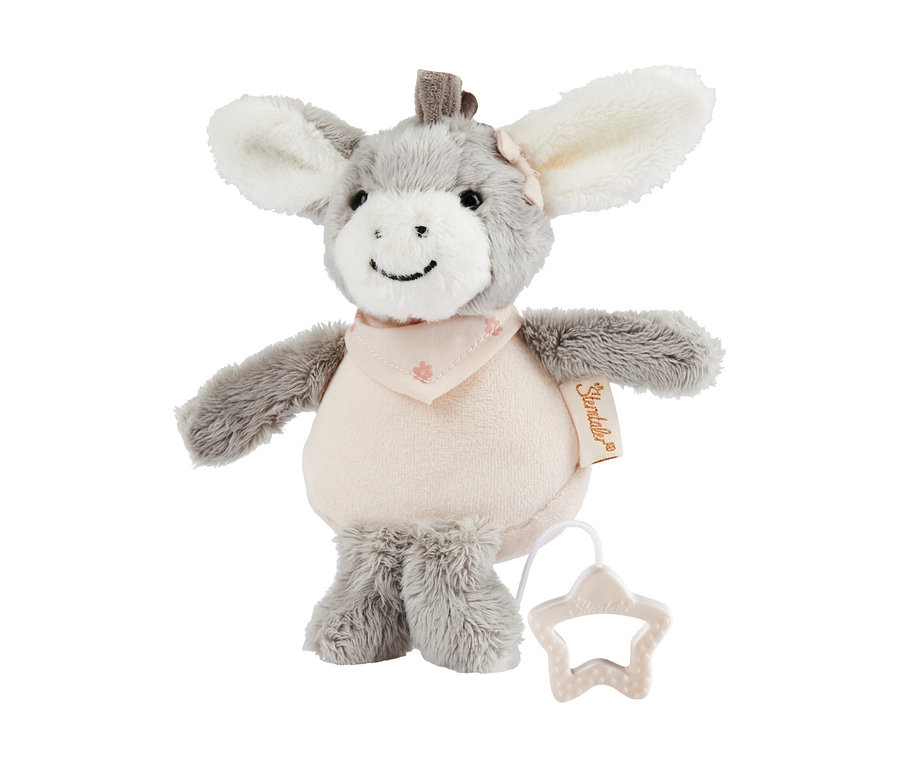 Graues und hellrosa Plüsch-Eselchen 'Esel Emmi Girl' mit rosa Halstuch, kleiner rosa Schleife am Ohr und sternförmigem Zuggriff für die Spieluhr.