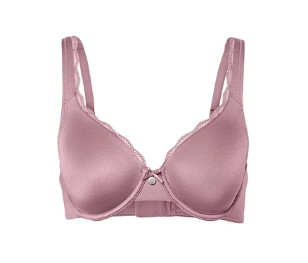 Detailaufnahme eines hellvioletten BHs mit Spitze.