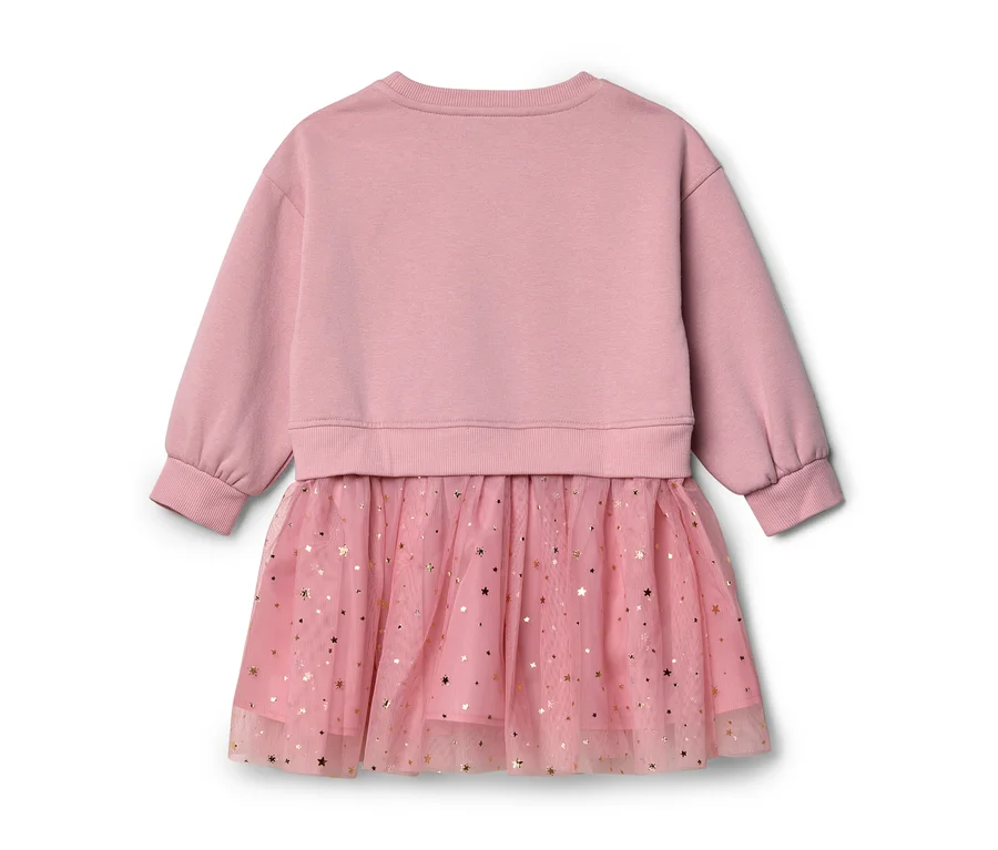 Rosa Langarmkleid mit Sweatshirt-Oberteil und Tüllrock mit goldenen Sternen.