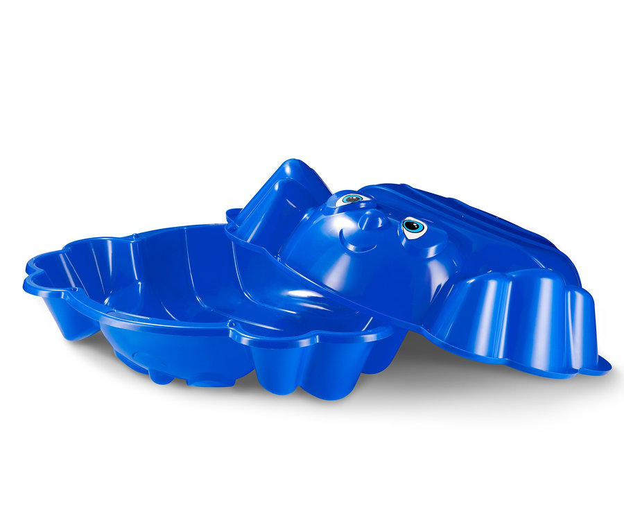 Blauer Nilpferd-förmiger Sandkasten für Kinder.