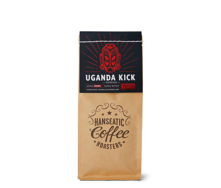 Eine Packung Hanseatic - Uganda Kick Espresso - 250 g Ganze Bohne.