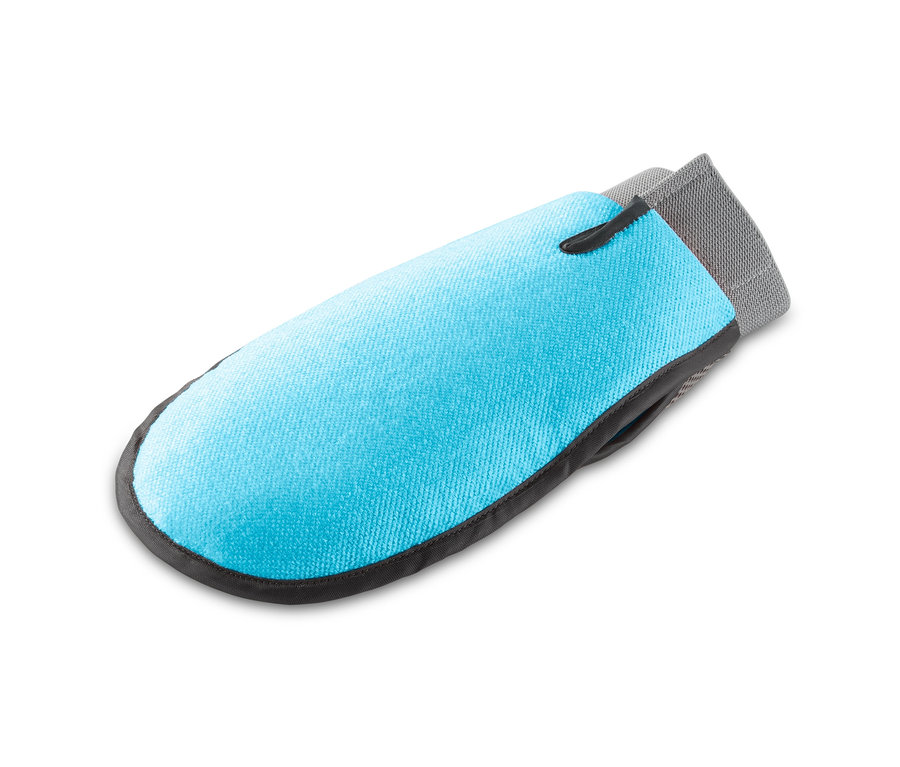 Blauer Fellpflege-Handschuh.