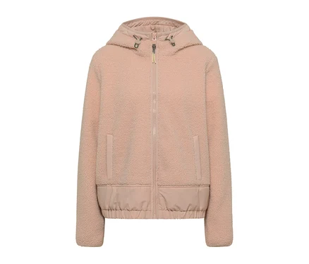 CECIL Jacke aus rosafarbenem Teddyfleece mit Kapuze, Reißverschluss und zwei Taschen, unten mit glattem Stoff und Gummizug.