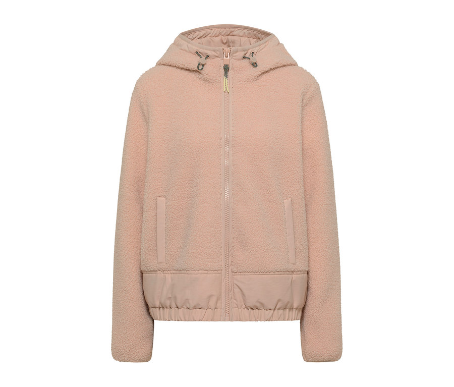 CECIL Jacke aus rosafarbenem Teddyfleece mit Kapuze, Reißverschluss und zwei Taschen, unten mit glattem Stoff und Gummizug.