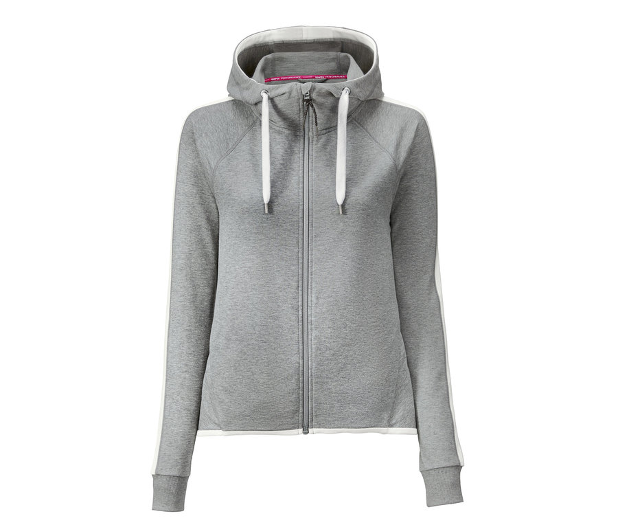 Graue Sweatjacke mit Reißverschluss und Kapuze.