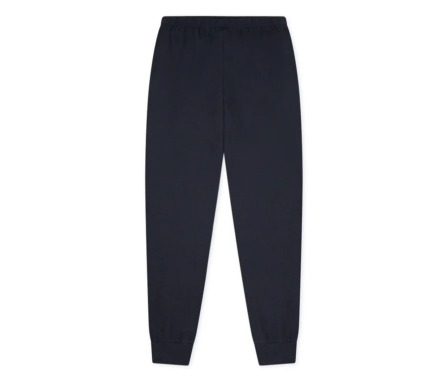 Dunkelblaue SCHIESSER Kinder-Pyjamahose mit elastischem Bund und Bündchen an den Knöcheln.