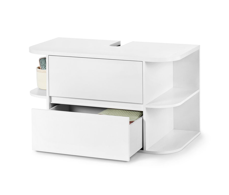 Weißer, runder Waschbeckenunterschrank mit offener Schublade.