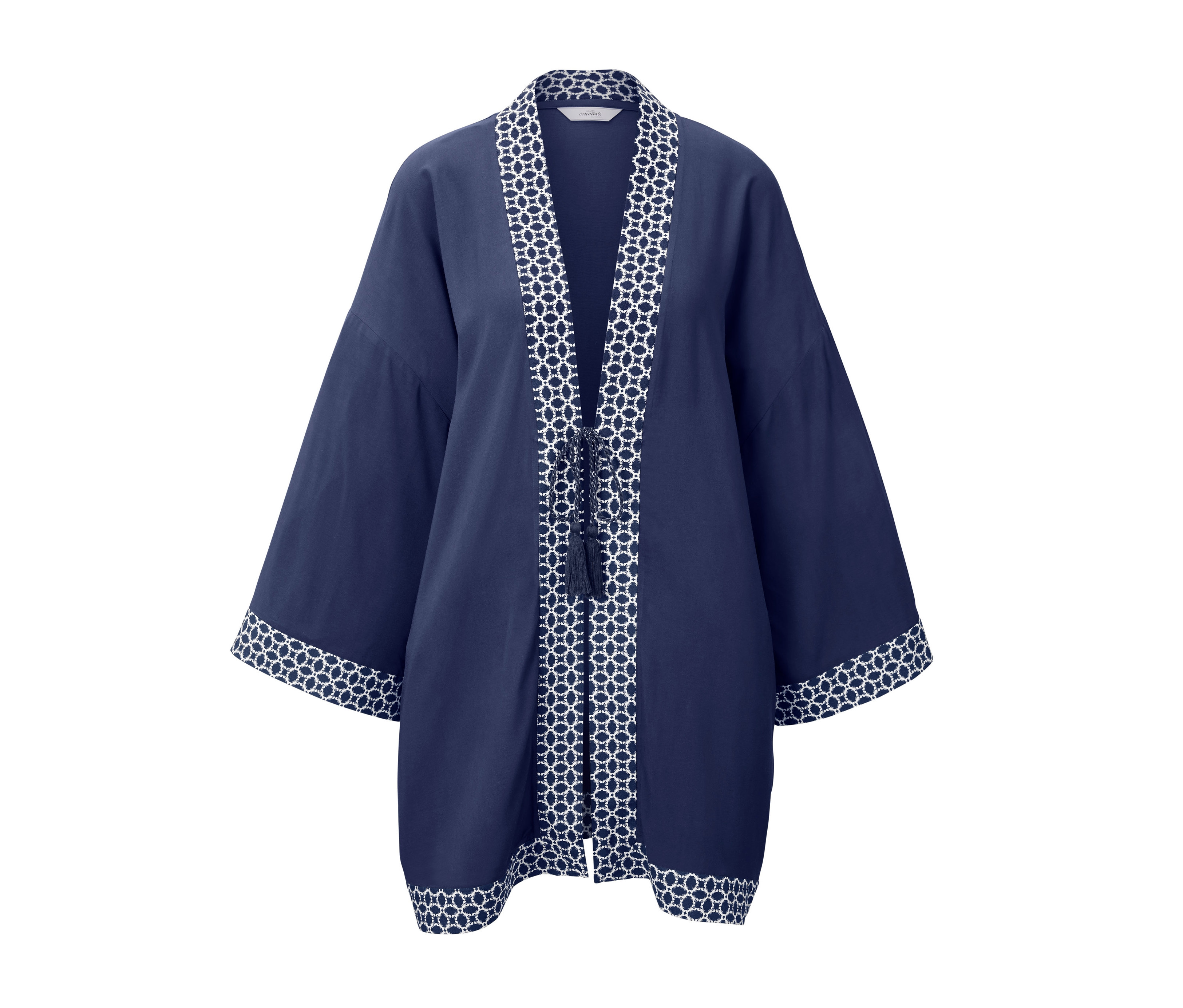 Marineblauer Strand-Kimono mit weißem geometrischem Muster an den Rändern und der Vorderseite.