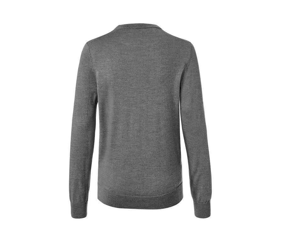 Rückansicht eines hellgrau melierten Merino-Pullovers und eines grauen Merino-Pullovers mit Rundhalsausschnitt.
