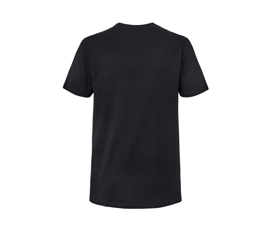 Schwarzes T-Shirt mit kurzen Ärmeln und Rundhalsausschnitt.