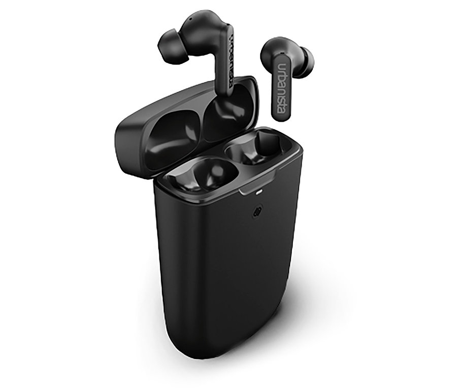 Schwarze In-Ear Kopfhörer mit Solarladefunktion »Urbanista Phoenix« und geöffnetem Ladecase.